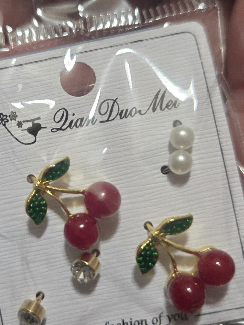 Dian Duo Mei Red Cherry Drop Earrings - Gold & Green Accents